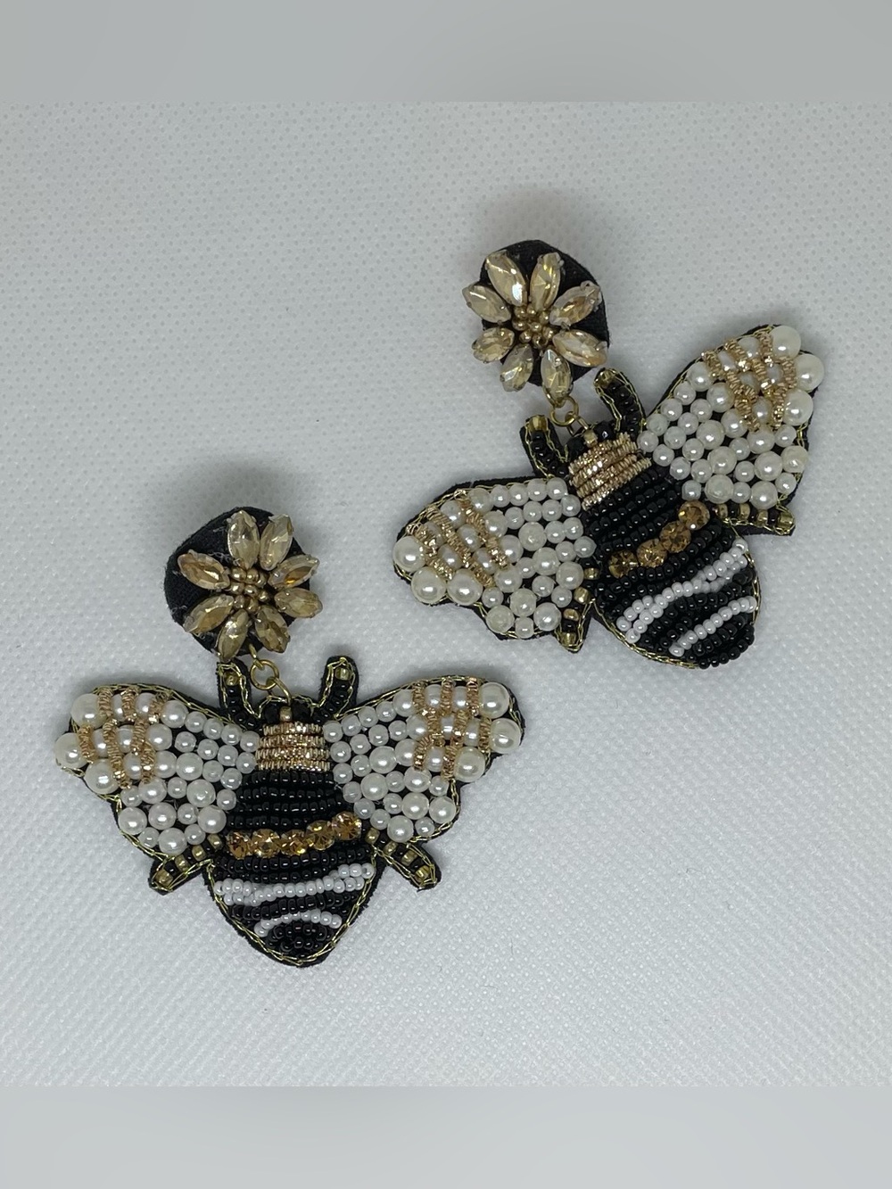 🐝 Beaded Bee Earrings. Pearl & Crystal Embellished. Black, Gold & Ivory